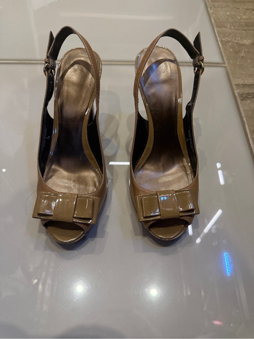 Bandolino Brown Patent Peep-Toe Slingback Heels with Bow